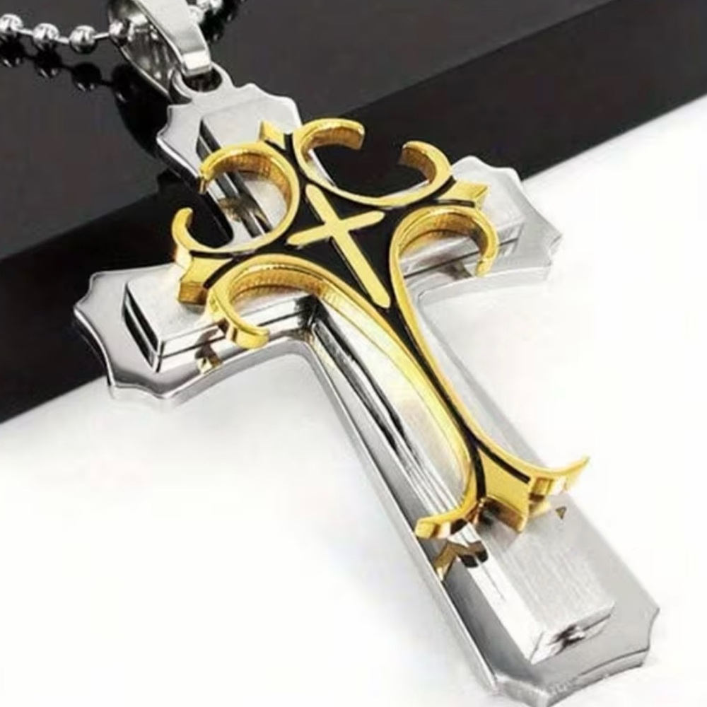 Two-Tone Stainless Steel Gold and Silver Cross Pendant Necklace